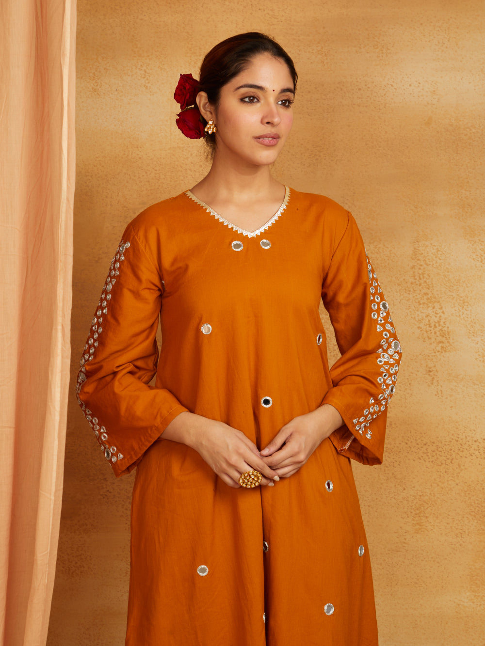 Mustard kurta, pant, and dupatta with mirror work