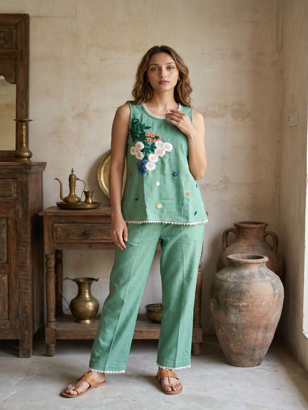 Pista green hand embroidery coord set