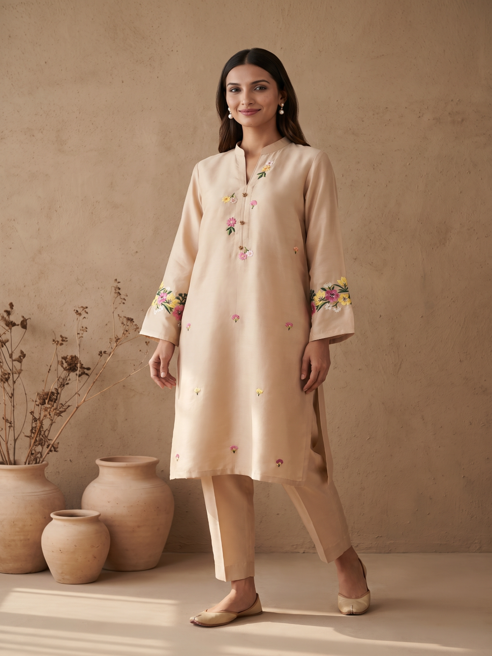 Cotton silk hand embroidery kurta pant set