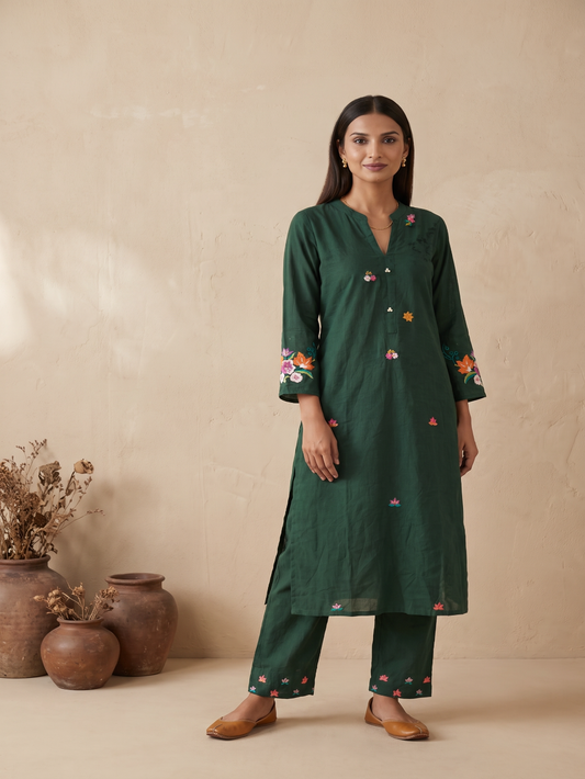 Cotton Linen embroidery kurta pant set