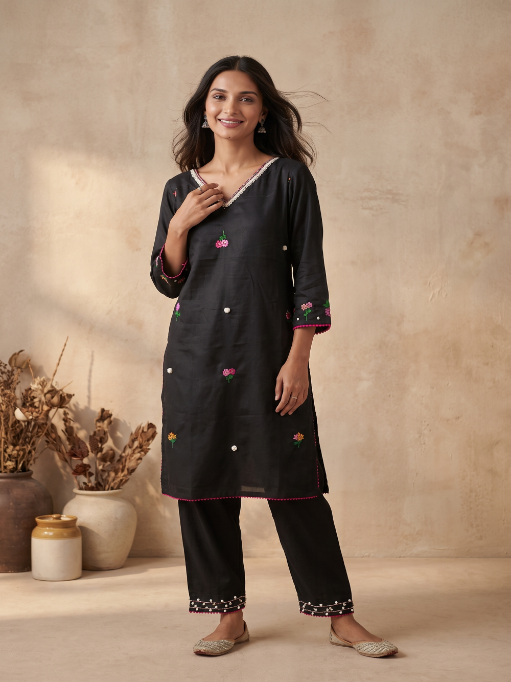 Black Cotton silk hand embroidery kurta pant set
