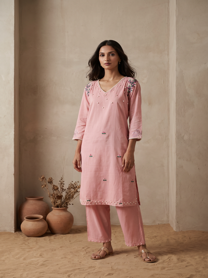 Light pink Cotton silk hand embroidery kurta pant set