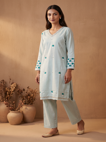Mint blue Cotton silk hand embroidery kurta pant set
