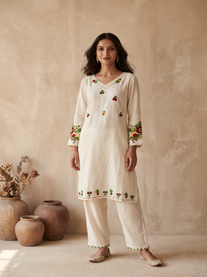 Cream Cotton silk hand embroidery kurta pant set