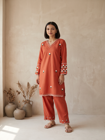 Rust Cotton silk hand embroidery kurta pant set