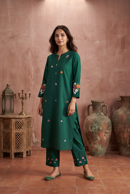 Bottle Green Cotton Linen embroidery kurta pant set