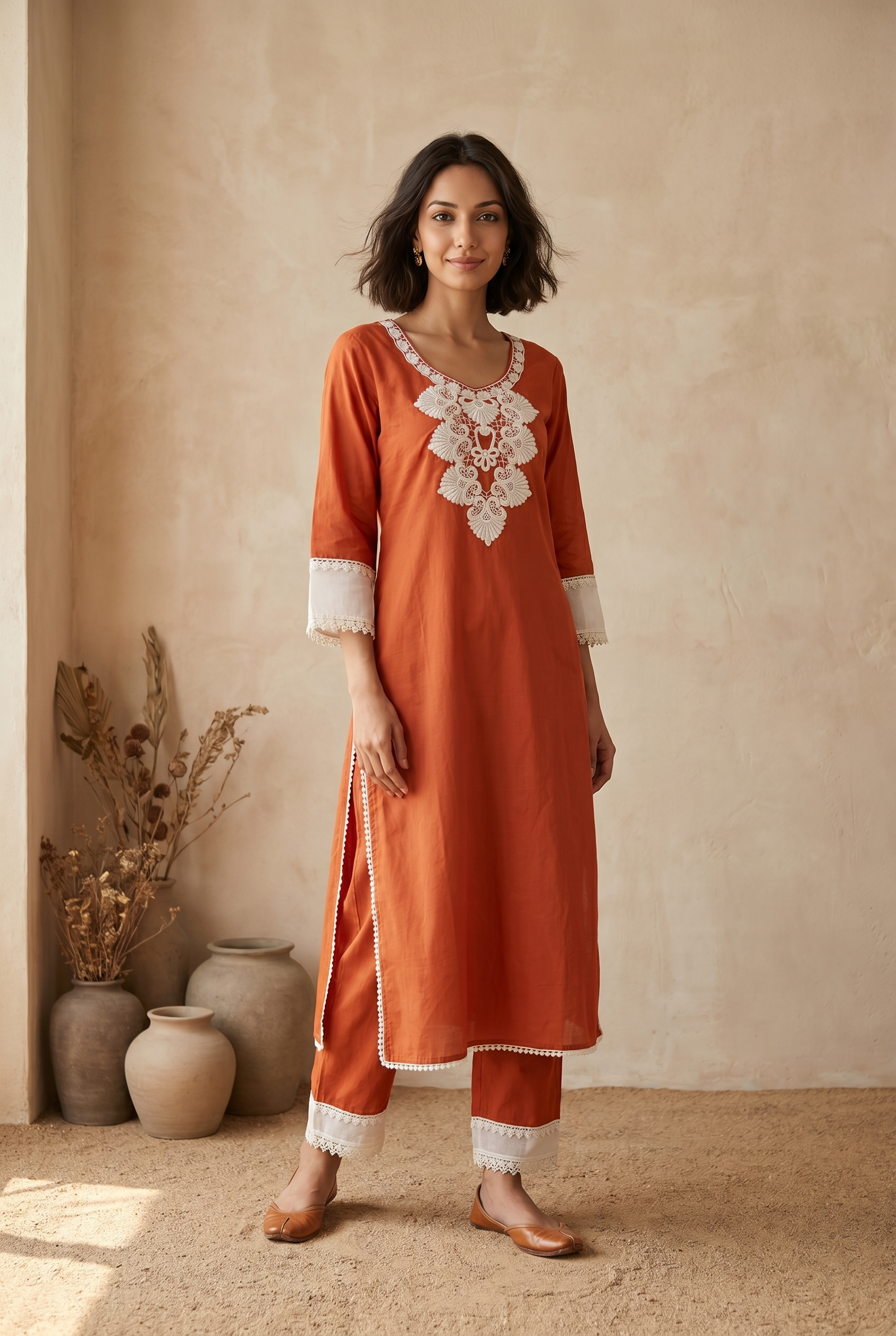 Rust orange embroidery cotton kurta set