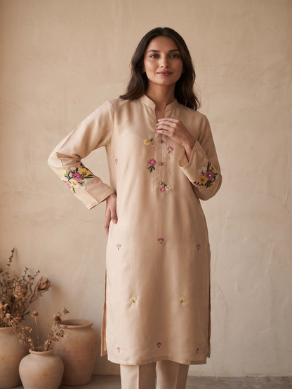 Cotton silk hand embroidery kurta pant set