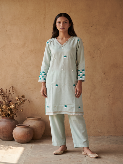 Mint blue Cotton silk hand embroidery kurta pant set