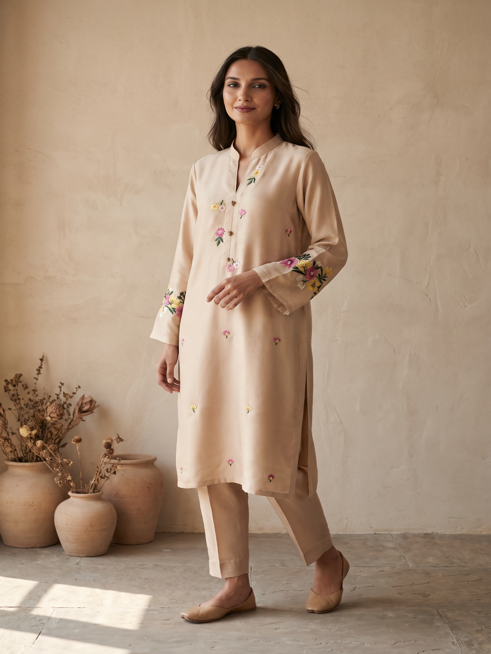Cotton silk hand embroidery kurta pant set
