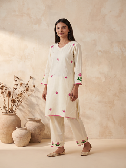 Cream Cotton silk hand embroidery kurta pant set