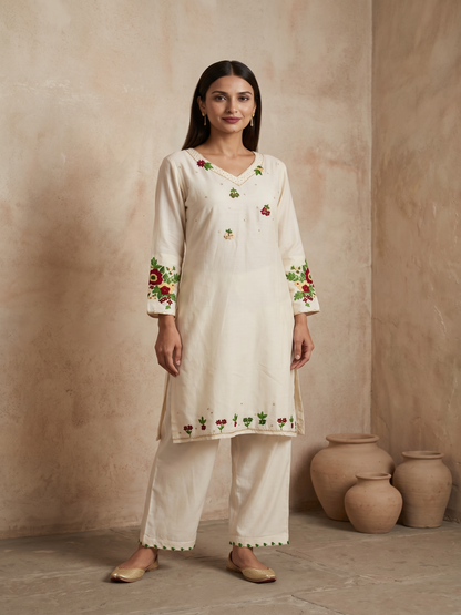 Cream Cotton silk hand embroidery kurta pant set