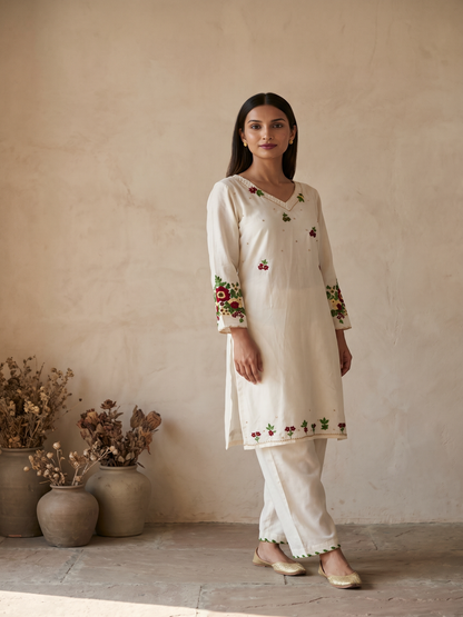 Cream Cotton silk hand embroidery kurta pant set