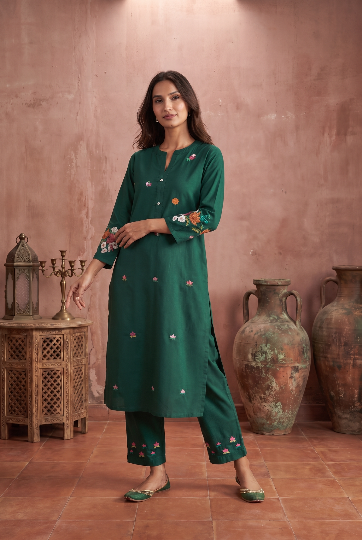 Bottle Green Cotton Linen embroidery kurta pant set