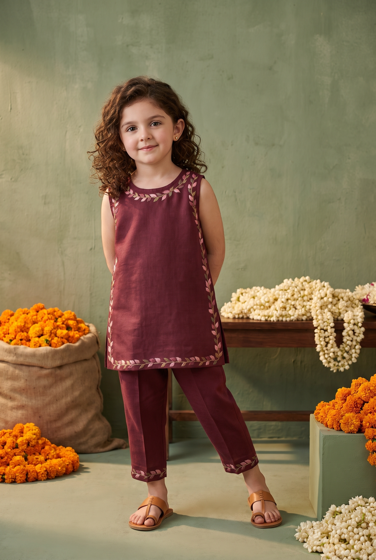 Brown Kids kurta pant hand embroidery