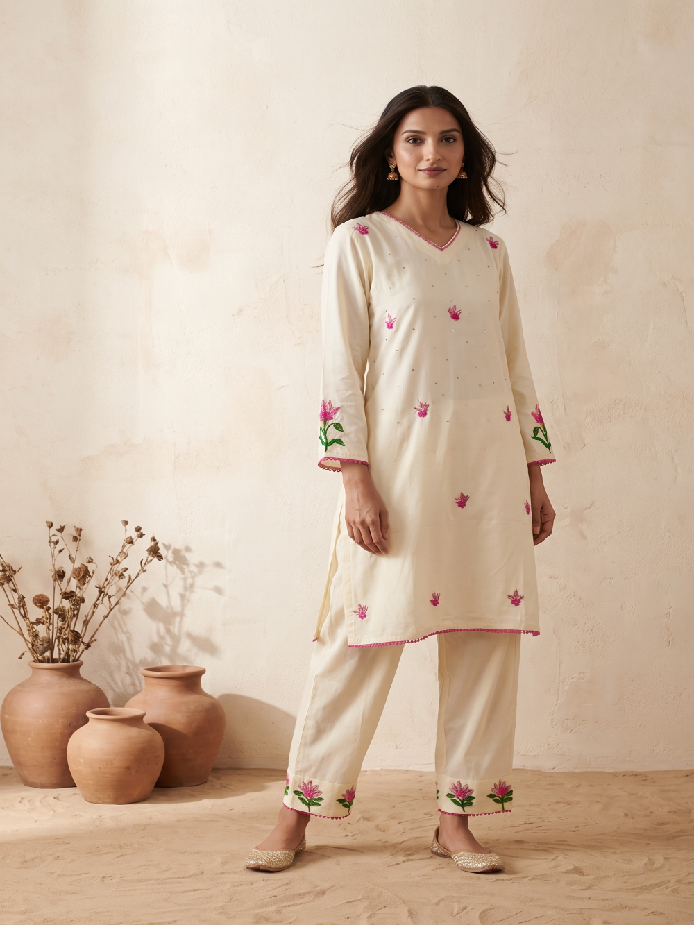 Cream Cotton silk hand embroidery kurta pant set
