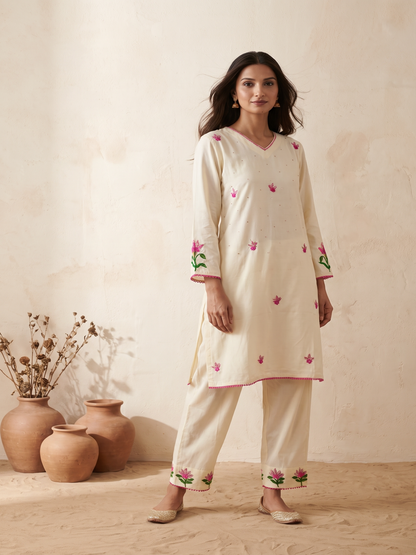 Cream Cotton silk hand embroidery kurta pant set