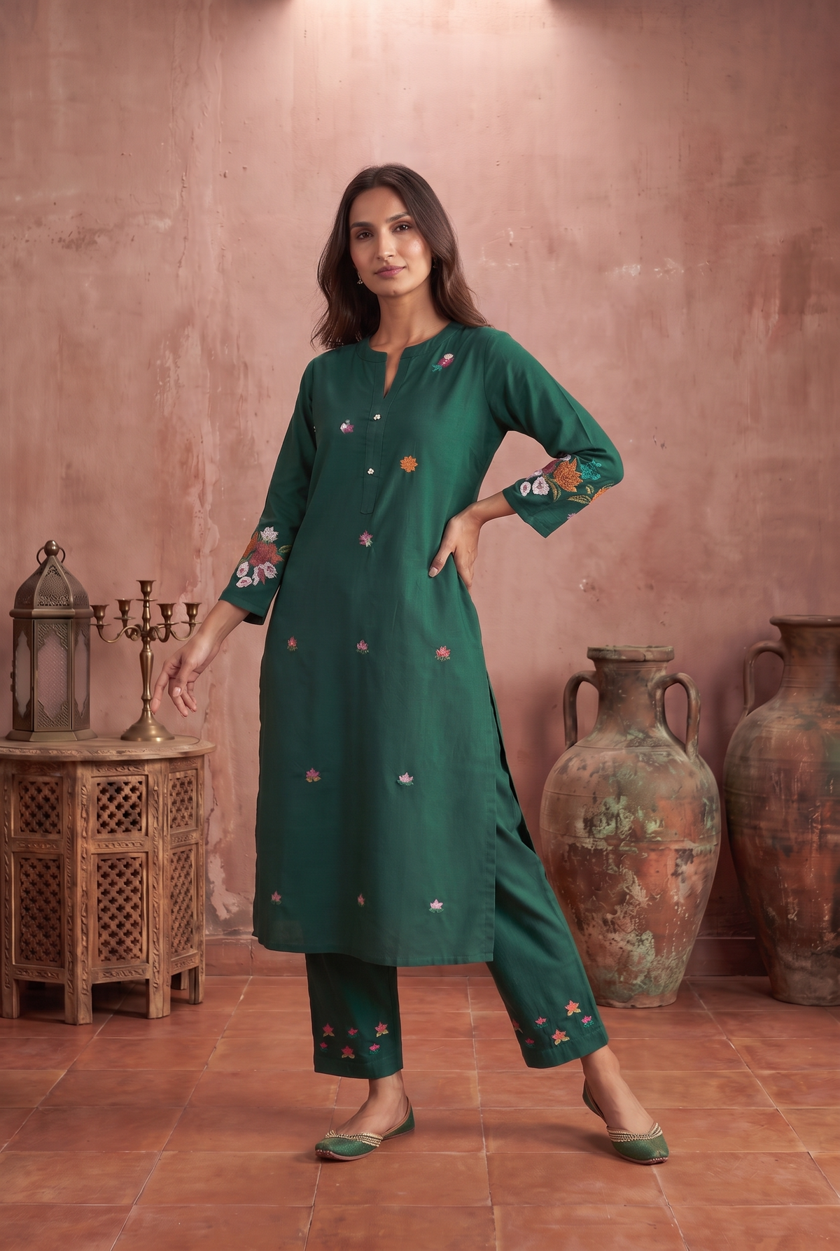 Bottle Green Cotton Linen embroidery kurta pant set