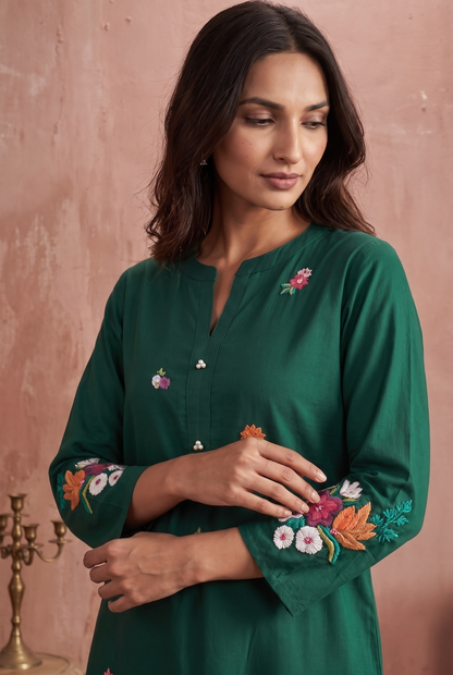 Bottle Green Cotton Linen embroidery kurta pant set