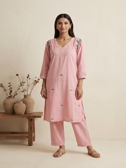 Light pink Cotton silk hand embroidery kurta pant set