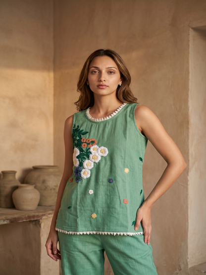 Pista green hand embroidery coord set
