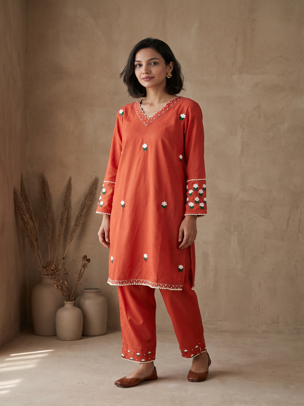 Rust Cotton silk hand embroidery kurta pant set